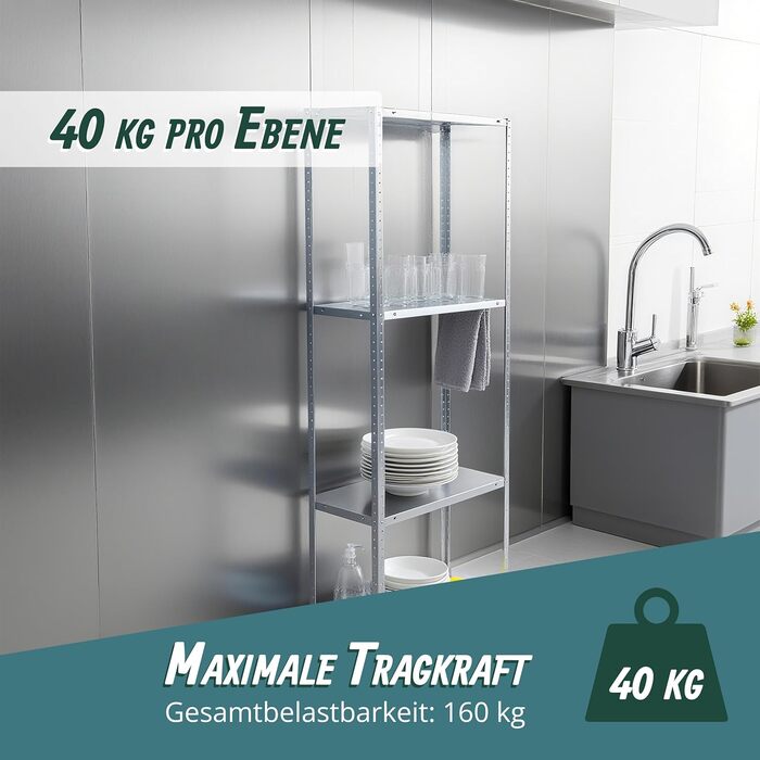 Стелаж для зберігання Relaxdays, оцинкована сталь, ВШХ 180 x 60 x 40 см, 160 кг, 4 полиці, для підвалу та гаража, міцний стелаж, сріблястий