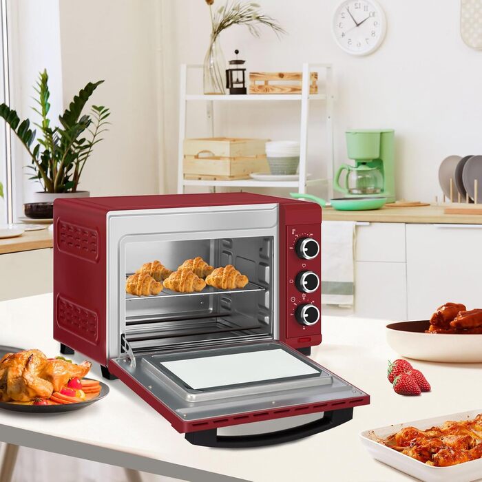 Міні-піч WOLTU 21 л, електрична міні-піч, міні-піч, піч для піци, 1280 Вт, 100-230 C, таймер 60 хв., верхній/нижній нагрів, подвійне скло, червоний, BF15rt