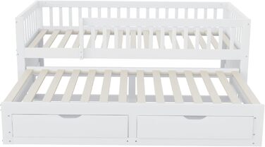 Дитяче ліжко 90x200 диван-ліжко з масиву дерева з висувним ліжком та шухлядами, багатофункціональне ліжко, кушетка, гостьове ліжко з місцем для зберігання речей, дитяче ліжко, каркас ліжка із захистом від падіння та рейковою основою, без матраца, біле. Бі