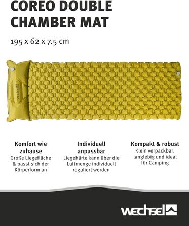 Килимок для сну Wechsel для трекінгу Coreo I 195 x 62 x 7,5 см I Термокилимок з системою подвійних повітряних камер I Теплоізоляційний кемпінговий килимок I Надувний матрац для кемпінгу, велоспорту, бушкрафту та трекінгу