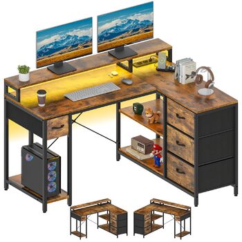 Подібний письмовий стіл із USB-портом для зарядки та розеткою, двосторонній кутовий стіл із 4 шухлядами та полицею, ігровий стіл із підставкою для монітора, 140x100 см, комп&39ютерний стіл для офісу, коричневий