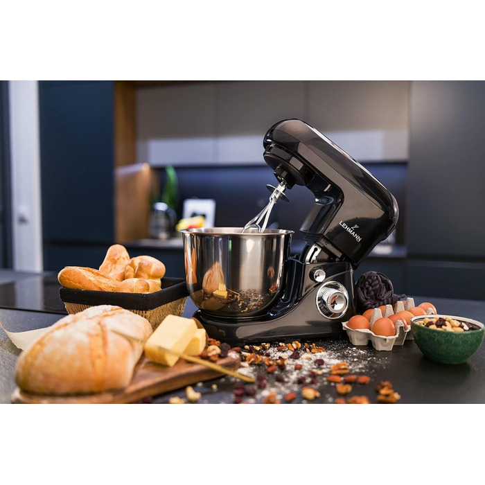 Планетарний кухонний комбайн Lehmann з чашею з нержавіючої сталі 5 л Багатофункціональний міксер 2200 Вт 6-швидкісна тістомісна машина Включаючи кришку для бризок, гачок для тіста та віночок