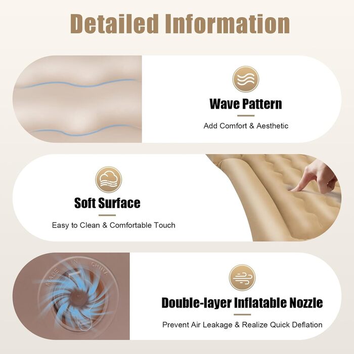 Надувний матрац для автомобіля, позашляховик, надувне ліжко, надувне ліжко для кемпінгу, комбіноване портативне ліжко, знімний надувний матрац для подорожей, кемпінгу, активного відпочинку на свіжому повітрі, з 2 подушками та надувним насосом (бежевий)