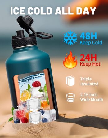 Ізольована пляшка для води з соломинкою - 1,8-літрова колба-термос з нержавіючої сталі з соломинкою для носика, кришкою, паракордо