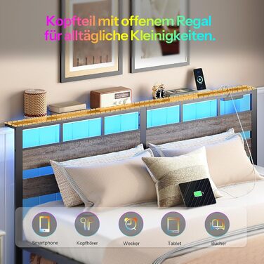 Ліжко HOOBRO 180 x 200 з рейковою основою, двоспальне ліжко з узголів&39ям, світлодіодне освітлення, зарядна станція (2AC, 2USB-A), каркас ліжка 180 x 200 см, металеве ліжко для спальні/гостьової кімнати, антрацит EBC80CDBF01 180 x 200 x 103 см