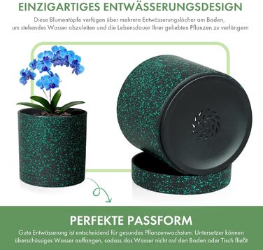 Набір з 5 квіткових горщиків з блюдцями, 17,8 см/15,2 см/14 см/12,7 см/10,2 см, пластикові кашпо, набір квіткових горщиків, ідеально підходить для кімнатних та балконних садів, чорний із зеленими цятками 765,554 дюймів (5 шт.) чорний із зеленими цятками