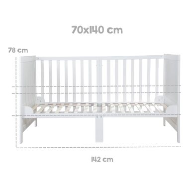Дитяче ліжко roba EASY SLEEP 70 x 140 см, включаючи кутові перетяжки - Трансформоване ліжечко з 3 регулюваннями висоти - 3 знімні перекладини - Біле лаковане дерево - Матрац не входить до комплекту