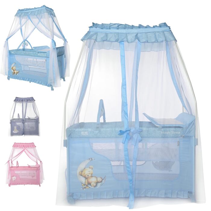 В-1 Дитяче ліжко та манеж, Ліжко-балдахін Magic Sleep з 2 рівнями, Дитяче ліжко від народження, Ліжко для подорожей, Пеленальний килимок, Колеса, Сумка, Світло-блакитний, 3-