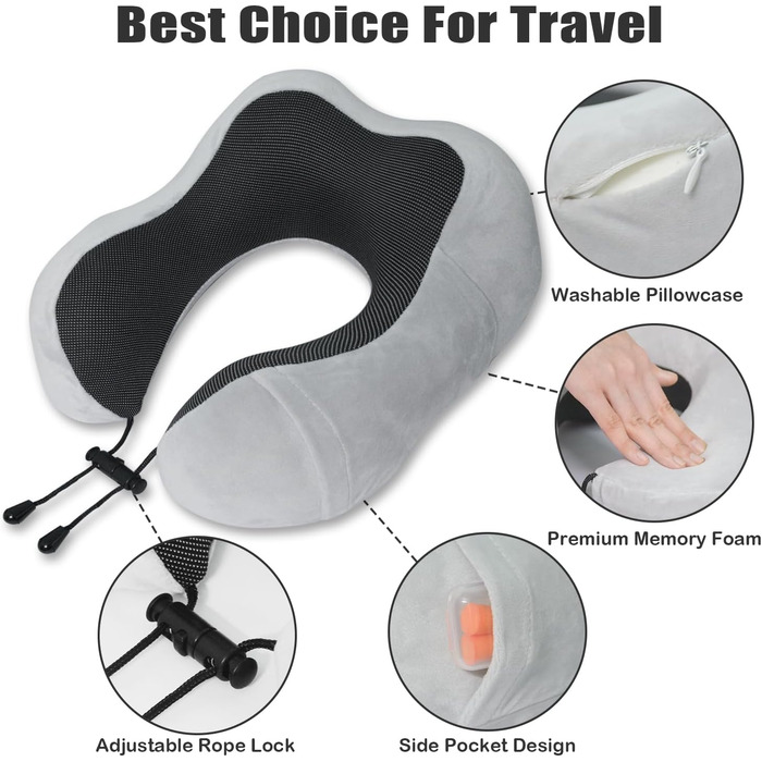 FANHOMAS Neck Pillow Airplane, Travel Pillow Memory Foam, U-shaped Travel Neck Pillow Neck Pillow Adults with Sleep Mask and Earplags Bring Along for Airplane Car Office - Grey (Gray), FANHOMAS Neck Pillow Airplane, Travel Pillow Memory Foam, U-shaped Tra