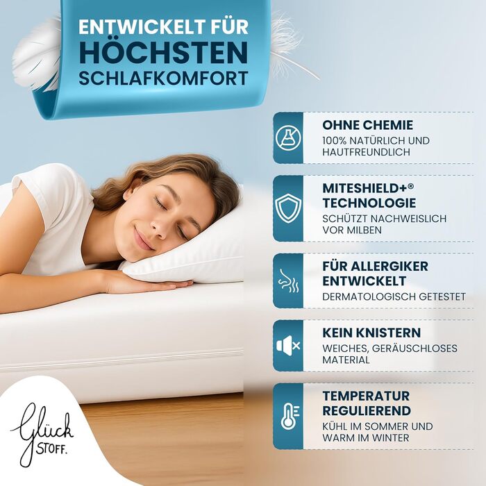 Наматрацник Glckstoff Premium із захистом від кліщів 90x200x20 Сертифіковано в Німеччині Комплект постільної білизни від алергії, антикліщовий - наматрацник від алергії - обгортаюча постільна білизна, антикліщовий - чохол для захисту від кліщів 90 x 200 x