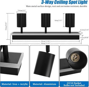 Стельовий точковий світильник Klighten 3 полум'я чорний, 3 розетки GU10 світлодіод 8,5 Вт, стельовий прожектор поворотний, поворот