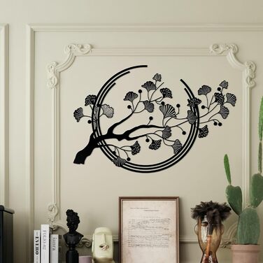 Великі металеві настінні картини з листя гінкго, чорне оздоблення стін підходить для вітальні, спальні, кабінету, офісу (чорний)