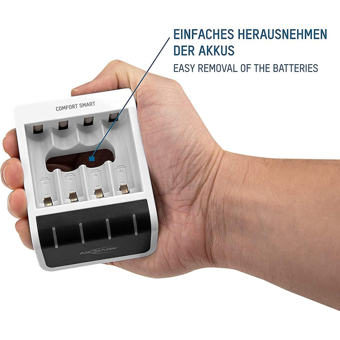 Зарядний пристрій Ansmann Comfort Smart для акумуляторів типу AA та AAA з 4 батареями типу AA ємністю 2850 мАг Швидка зарядка з функцією швидкої перевірки ємності У комплекті USB-кабель довжиною 1 м 3 роки гарантії, білий (1001-0092-02)