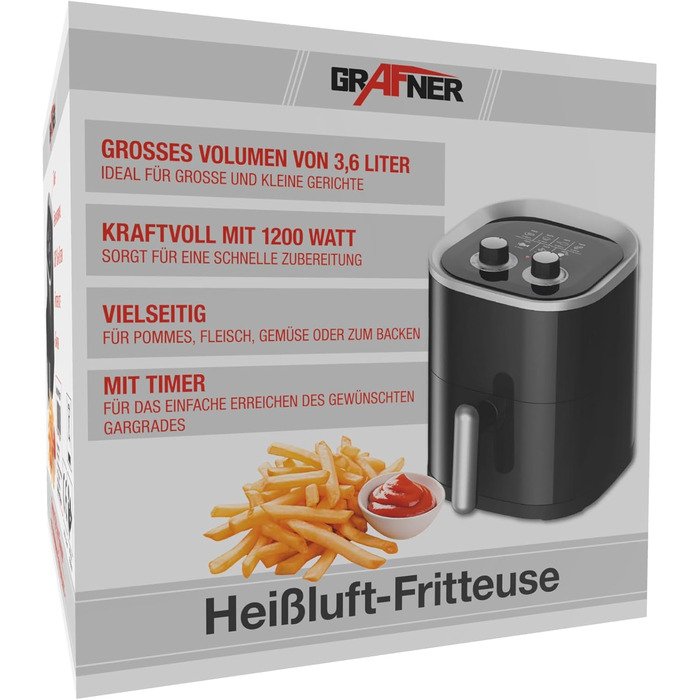 Фритюрниця Grafner XL 3,6 літра, 1200 Вт, система приготування 360, кошик для смаження з антипригарним покриттям, таймер на 30 хвилин, плавне регулювання температури до 200C, фритюрниця без жиру, фритюрниця без олії