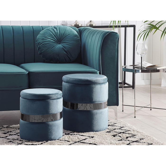 Пуф Beliani з місцем для зберігання, круглий, оксамитовий, синій, металевий, комплект з 2 шт., гламурний вигляд, табурети Doris