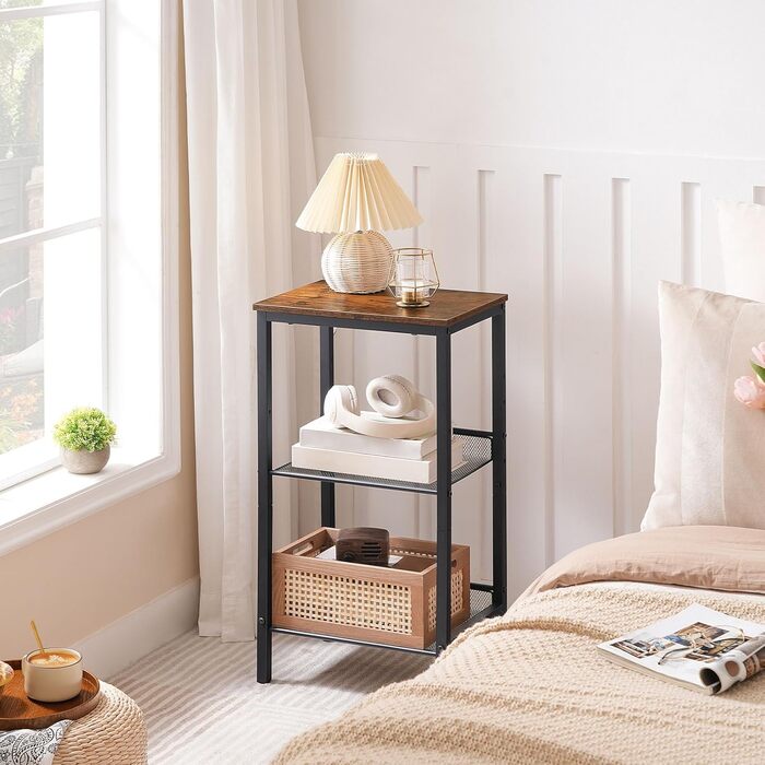 Журнальний столик HOOBRO, телефонний столик з 2 регульованими сітчастими полицями 38 x 28 x 74 см, диванний столик, журнальний столик, промисловий дизайн, темно-коричнево-чорний EBF01DH01G1 темно-коричневий - чорний