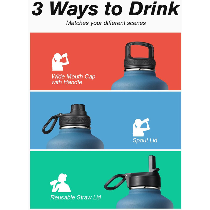 Пляшка для води Coolflask, ізольована, з соломинкою та 3 кришками, глечик для води 1,8 л, великий металевий, з нержавіючої сталі,