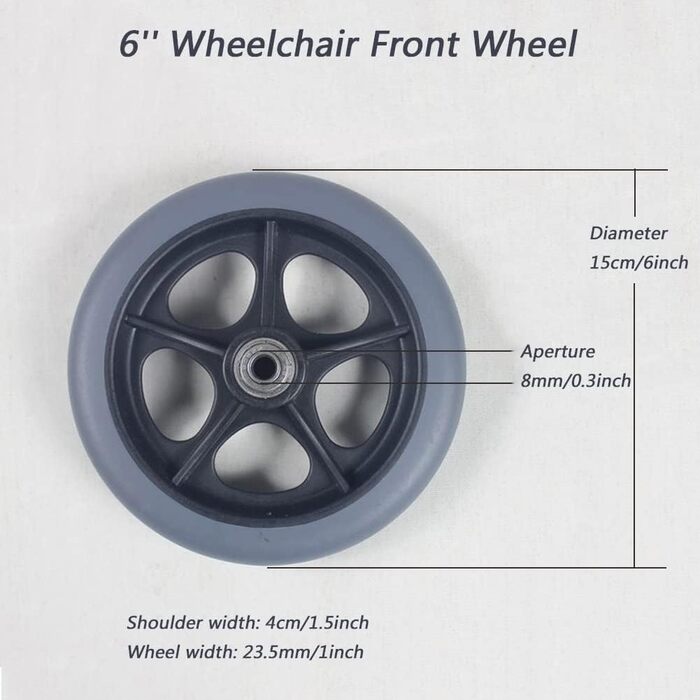 Ролики для інвалідних візків, шини, аксесуари для передніх коліс інвалідних візків, 6-дюймові ролики для інвалідних візків, запасні колеса для інвалідних візків, неслизькі суцільні шини, підшипник 8 мм Onecolor 6 дюймів/15 см (2 шт.)