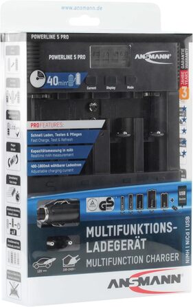 Зарядний пристрій ANSMANN для акумуляторів AA/AAA/C/D/9V NiMH - Зарядний пристрій з 5 програмами заряджання заряджання, розряджання, тестування, оновлення, швидке заряджання USB - Powerline 5 Pro 2 акумулятори Baby C ємністю 2500 мАг, включаючи 2 акумулят