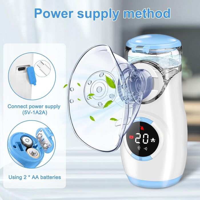 Портативний інгалятор Sentasi для дорослих та дітей, безшумний електричний небулайзер зі світлодіодним цифровим дисплеєм, 2 регульовані схеми розпилення з 2-ма масками та 1 мундштуком (синій)