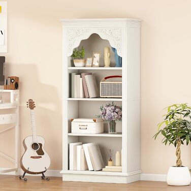 Рівнева вінтажна книжкова полиця з різьбленим дизайном, відкрите сховище для вітрин - ідеально підходить для вітальні, спальні, кабінету та офісу, біла, 140 см, 4-