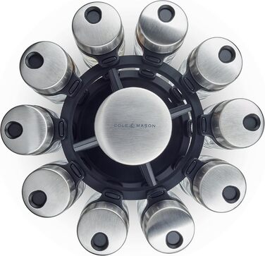 Підставка для спецій Cole & Mason H121809 Cambridge з 20 банками для спецій, карусель для спецій на 360/стояча підставка для спецій, нержавіюча сталь/скло, спеції/трави, включає 20 банок