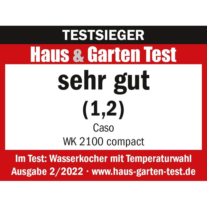 Чайник компактного дизайну CASO WK 2100, потужний 2200 Вт, компактний розмір ємністю 1,2 літра, крок 10 C від 10 - 100 C, знімний фільтр проти накипу для очищення, 1869