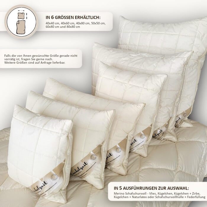 Подушка з мериносової овечої вовни розміром 40x80 см з наповнювачем з 500 грамів натуральної вовняної грудки для індивідуального регулювання висоти та стьобаним бавовняним чохлом - Зроблено в Німеччині