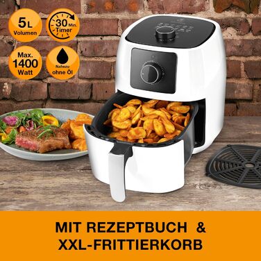 Фритюрниця KOCHWERK ємністю 5 л Смаження та точне приготування без жиру, також ідеально підходять для гриля, запікання та розігріву Можна мити в посудомийній машині та функція таймера 1400 Вт/білий