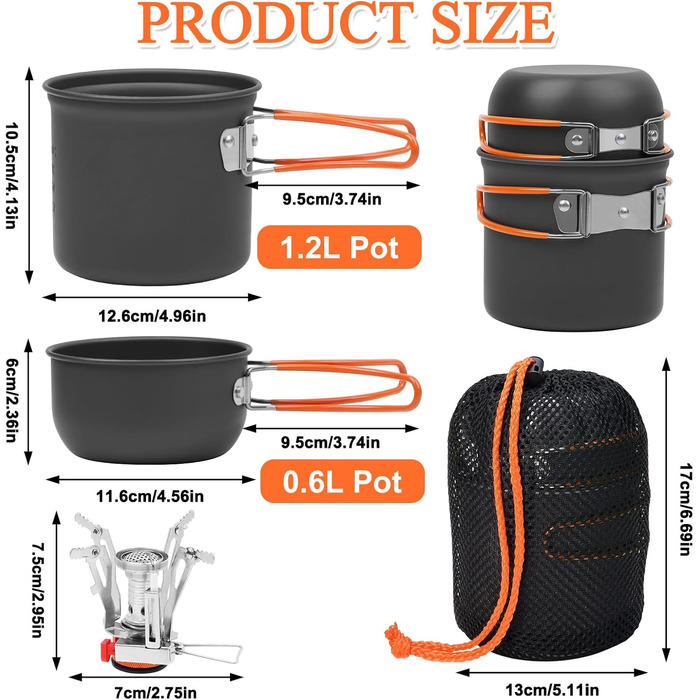 Набір посуду для кемпінгу, 8-предметний набір посуду для кемпінгу з міні-газовою плитою та столовими приборами, кемпінговий посуд для 1-2 осіб, пікніки на свіжому повітрі, походи (8-предметний набір)