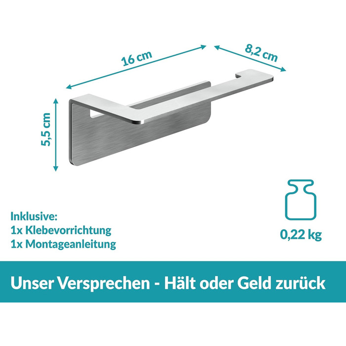 Тримач для туалетних рулонів з нержавіючої сталі без свердління - Самоклеючий тримач для туалетних рулонів - 16 x 5,5 x 8 см Срібл
