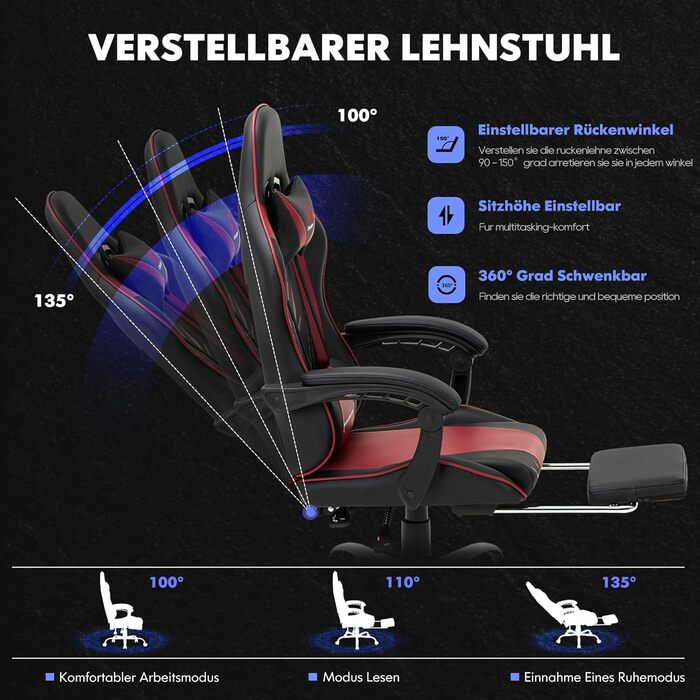 Ігрове крісло COLAMY, комп&39ютерне крісло з підставкою для ніг та поперековою опорою, регульоване по висоті ігрове крісло з поворотним на 360 сидінням та підголівником, крісло для відеогеймерів, ергономічна висока спинка, червоне сучасне