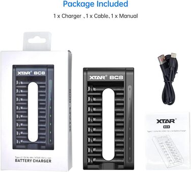 Зарядний пристрій XTAR BC8, 1,5 В, акумуляторні батареї, зарядний пристрій типу C для літій-іонних та 2 нікель-металгідридних акумуляторів типу AA/AAA (зарядний пристрій BC8), чорний, зарядний пристрій BC8