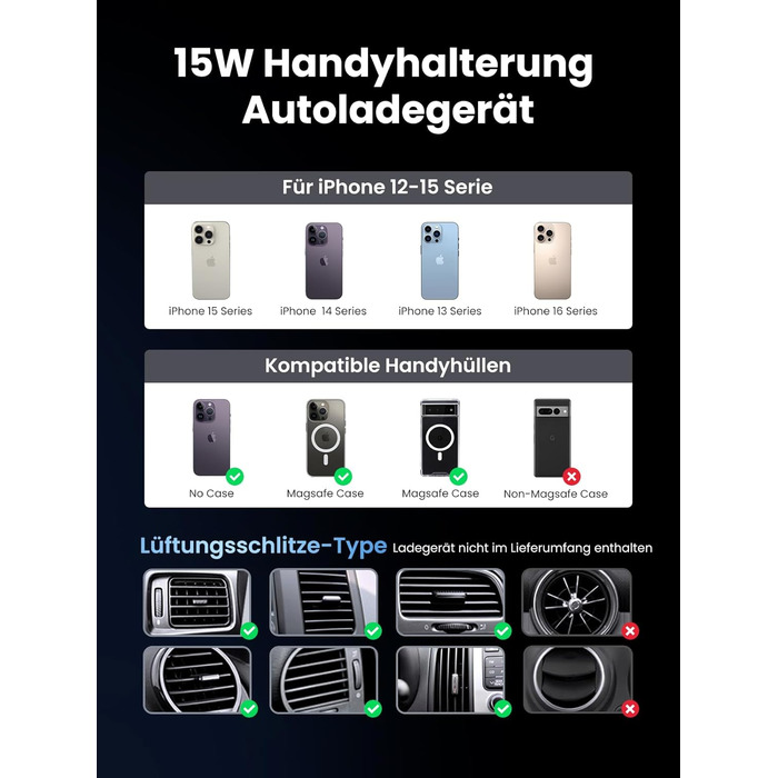 Сертифікований бездротовий автомобільний зарядний пристрій потужністю 15 Вт з функцією зарядки, сумісний з MagSafe для iPhone 16/1