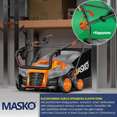 В-1 Аератор-Вертикуттер 1800 Вт, ширина захвату 40 см, мішок для збору 55 л, з валом-аератором, видаляє мох, 20 сталевих ножів, 5 рівнів регулювання глибини, регульована по висоті ручка, помаранчевий, 2-