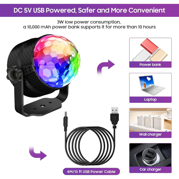 Диско-куля, диско-світло, що обертається на 360°, світлодіодна лампа для вечірки з музичною активацією, диско-світло з пультом дистанційного керування, динамічні світлові ефекти RGB потужністю 3 Вт, USB-кабель 4 м / 13 футів для вечірок, дому, Різдва, діт
