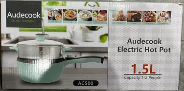 Електрична гаряча каструля Audecook з пароваркою, електрична сковорода, каструля для гарячого горщика 20 см, міні-електрична сковорода з антипригарним покриттям, мультиварка з подвійним регулюванням потужності для гуртожитку (A (зелена/1.5 л з пароваркою)
