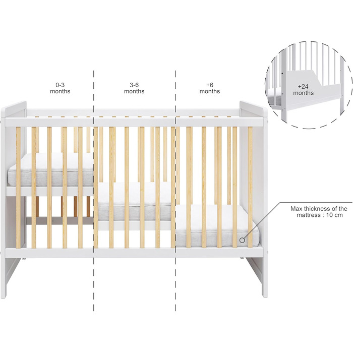 Дитяче ліжечко/спальне місце Love For Sleep 120x60 см із захисним бар&39єром, трансформоване, дитяче ліжко Tokyo з білої сосни, дерев&39яне дитяче ліжко - Дитяче ліжко, трансформоване ліжечко/дитяче ліжко