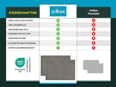 Комплект килимків для ванної ZOLLNER з 2 предметів, 50x70 см - м&39який та вбираючий вафельний візерунок сірого кольору - можна прати до 60C - бавовна - готельна якість - сертифікований Oeko-Tex, антрацит, 2 килимки для ванної