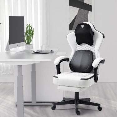 Ігрове крісло з підігрівом та масажною поперековою опорою, ергономічне ігрове комп&39ютерне крісло з пружинними подушками та підставкою для ніг, крісло для ПК з високою спинкою та відкидним кріслом для дорослих, біла штучна шкіра