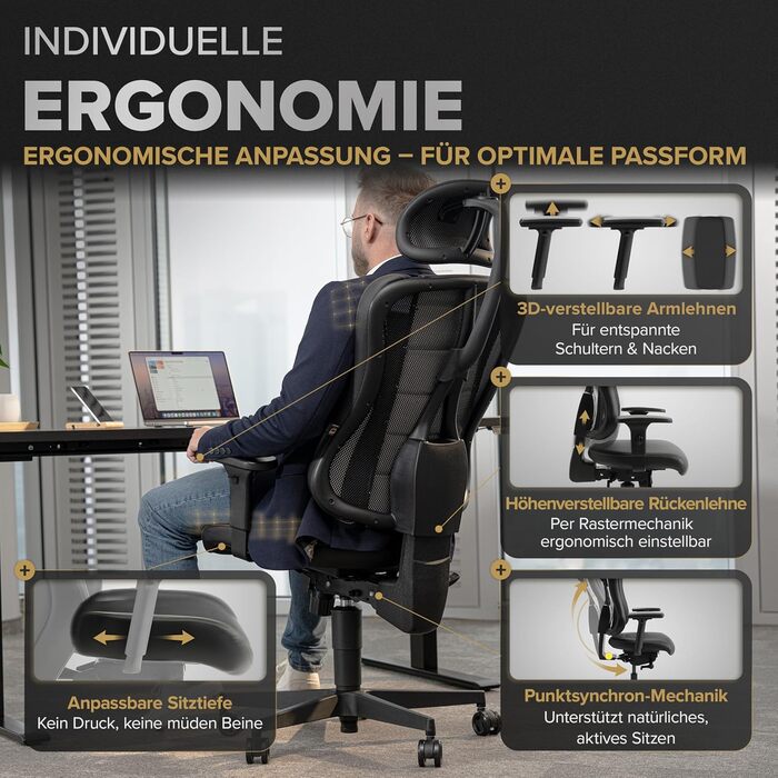 Ергономічне офісне крісло запатентоване 3D-з&39єднання сидіння Робоче крісло, 100 індивідуальне регулювання Ергономічне офісне крісло Комп&39ютерне крісло Обертове крісло, вантажопідйомність 150 кг, чорне Legatus Plus