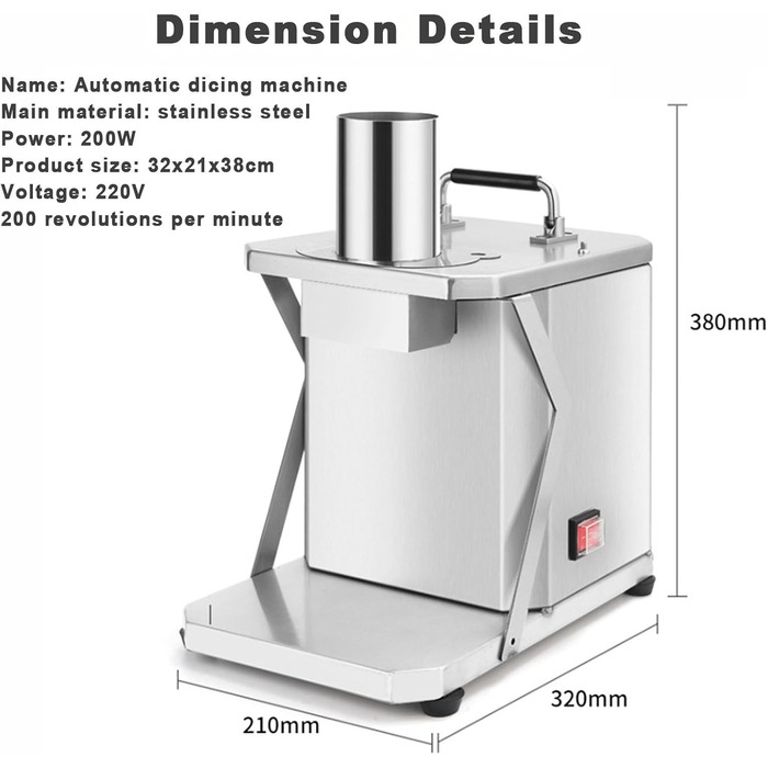 Комерційна овочева машина Oiyekntd з сітчастими ножами, міцна нержавіюча сталь, 200 Вт, електрична машина для кубиків фруктів для картоплі, моркви, огірків, пітаї, 8 мм