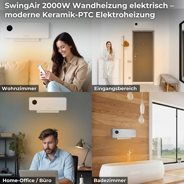 Настінний вентилятор-обігрівач SwingAir 2000 Вт, керамічний настінний обігрівач, електричний обігрівач для ванної кімнати з коливаннями, світлодіодний дисплей, білий
