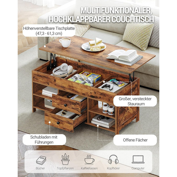 Журнальний столик Hzuaneri, стіл для вітальні з регульованою висотою, диван-столик, 2 шухляди та приховане місце для зберігання, 50 x 100 x 47,3-61,3 см, для вітальні, їдальні, офісу, вінтажний коричнево-чорний CT22101B