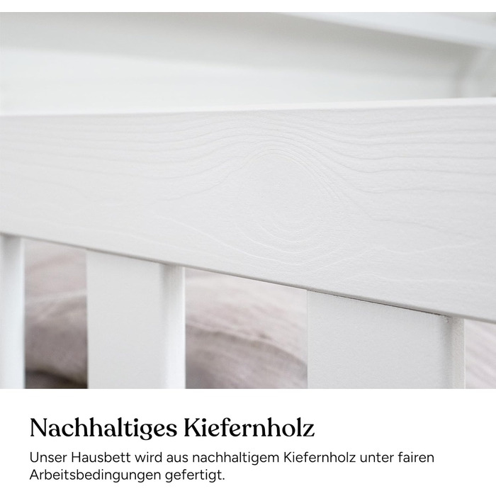 Ліжко Ehrenkind Lille House Дитяче ліжко зі знімними захисними поручнями з масиву дерева, сертифіковане FSC, включаючи шухляди Ліжко House 90x200 Дитяче ліжко 90x200 Біле 90 x 200 см з шухлядами