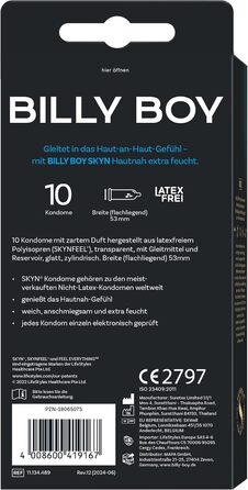Презервативи Billy Boy SKYN Skin-to-Skin Extra Moist, без латексу, 10 шт