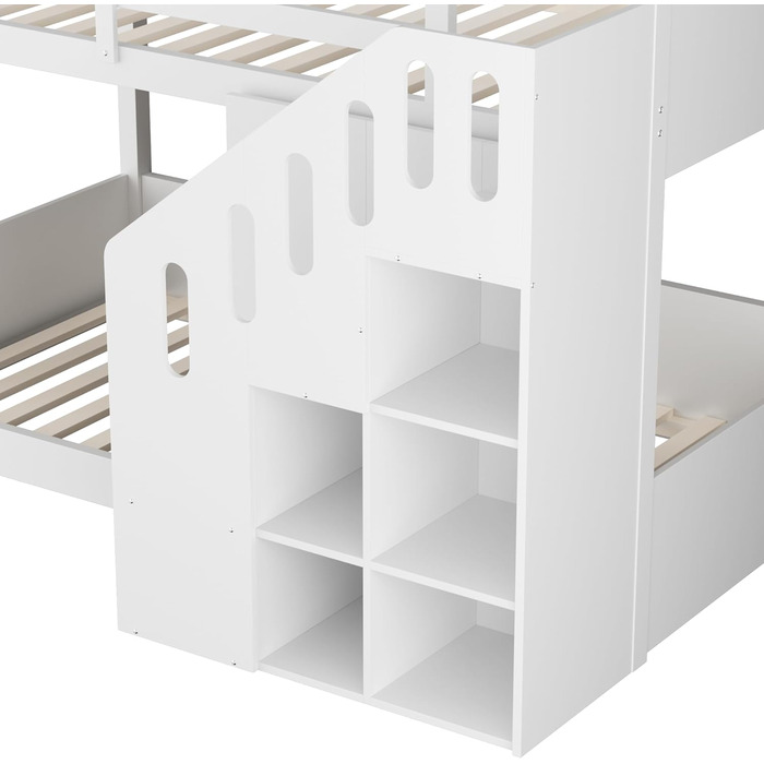 Двоярусне ліжко 90x200 см двоспальне ліжко зі сходами для зберігання речей, дитяче двоярусне ліжко зі стабільним та надійним захистом від падіння для 2 осіб, дитяче ліжко з місцем для зберігання речей/шафками/рейковим каркасом, без матраца (Білий, 90x200 