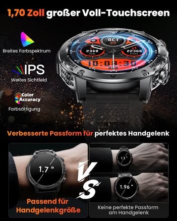 Чоловічий військовий смарт-годинник з акумулятором 1000 мАг, 1,7-дюймовий HD смарт-годинник/світлодіодний ліхтарик/водонепроникність IP68/пульсометр/SpO2/монітор сну/100 спортивних режимів, фітнес-годинник для iOS Android чорний