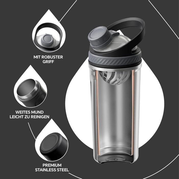 Протеїнова пляшка Ideus Shaker 700 мл (24 унції), двостінна спортивна пляшка з нержавіючої сталі з кулькою для змішування, металева протеїнова пляшка з кулькою для змішування, без BPA, герметична кришка (чорна)
