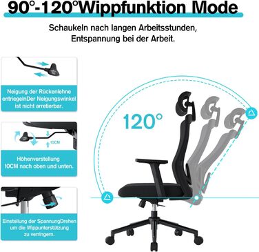 Ергономічне офісне крісло з регульованою поперековою опорою, 2D підголівником та підлокітниками, ергономічне офісне крісло з функцією нахилу 120, обертове крісло, офісні крісла 150 кг, чорні нейлонові колеса